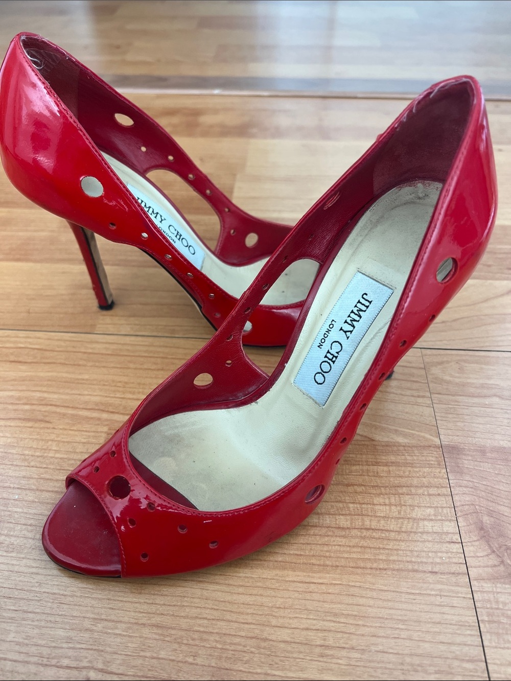 Jimmy Choo Red Patent Peep-Toe Cutout Stilettos